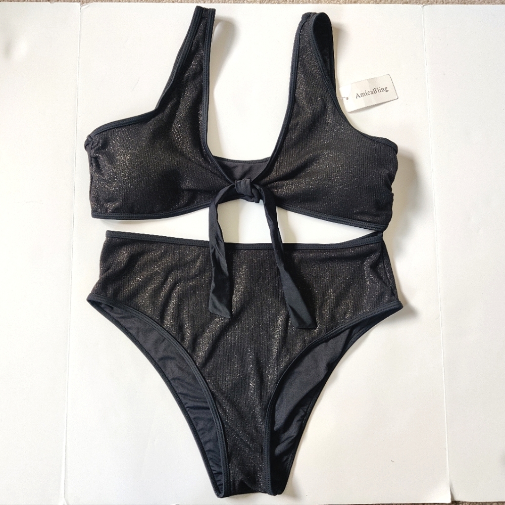 2 Piece Bikini Black Shimmer Ribbed Soft